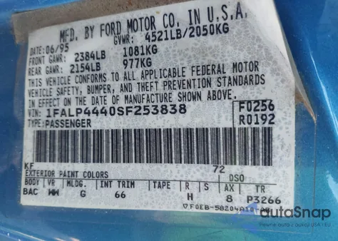 1995 Ford Mustang z USA, uszkodzony, nr VIN 1FALP4440SF253838